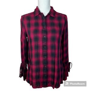 Express Womens Maroon Plaid Flannel Grunge Alterative Button Down Shirt Small